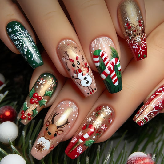 Festive Winter Wonderland Long Coffin Green Red Gold Holiday Themed Press On Nail Set with Intricate Art Designs