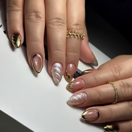 Enchanted Elegance Short Almond Shimmering Pink Glossy with Gold Accent Nails Set