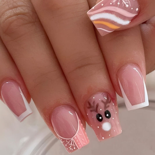 Festive Charm Short Square Pink with Frosted Reindeer Design Press On Nail Set