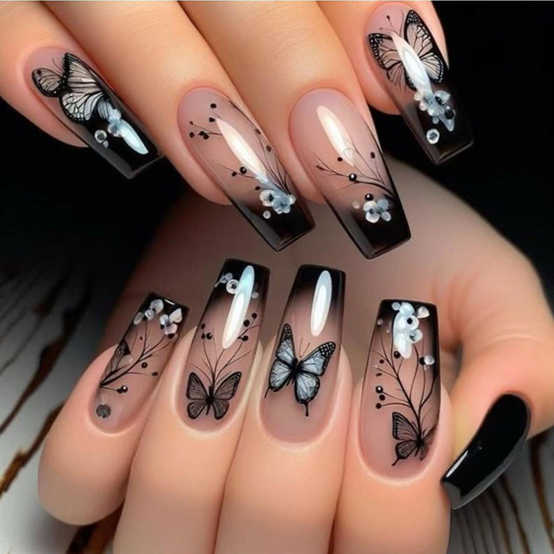 Enchanting Elegance Long Coffin Black Ombre Press On Nail Set with Artistic Butterfly Design and Pearl Accents