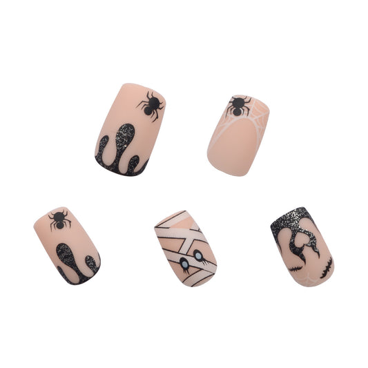 Halloween Theme Long Square Beige and Black Spider & Web Design Press On Nail Set