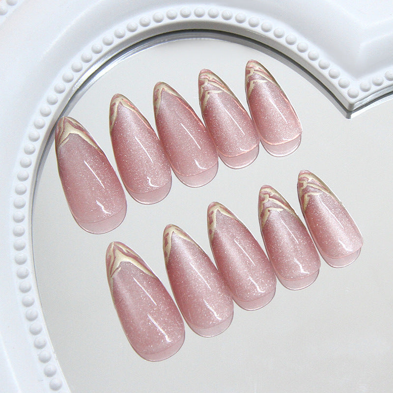 Romantic Elegance Medium Almond Shaped Pink Glitter Nails with Golden Tip Accent