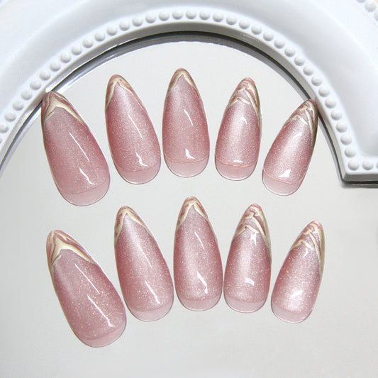 Glamorous Enchantment Medium Stiletto Shimmering Pink with Elegant Gold Accents Nail Set