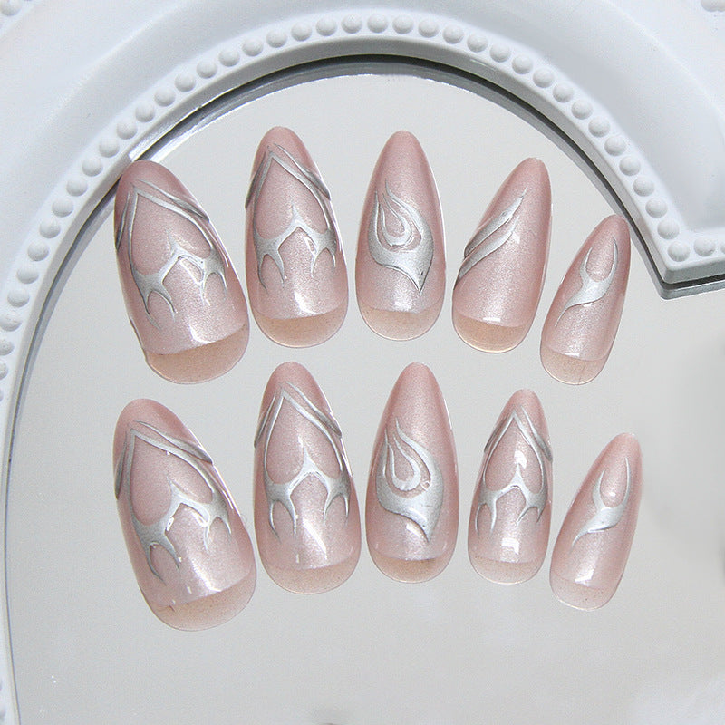Elegant Serenity Medium Almond Pink and Silver Flame-Themed Press-On Nail Set