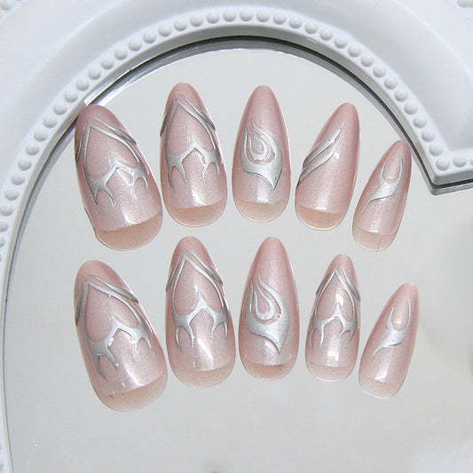 Elegant Serenity Medium Almond Pink and Silver Flame-Themed Press-On Nail Set