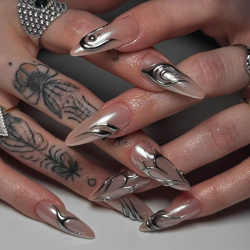 Ethereal Elegance Long Almond Clear with Silver Swirl Design Press On Nail Set