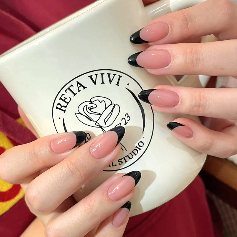 Elegant Noir Dream Medium Almond Shaped Pink and Black Ombre Press On Nail Set