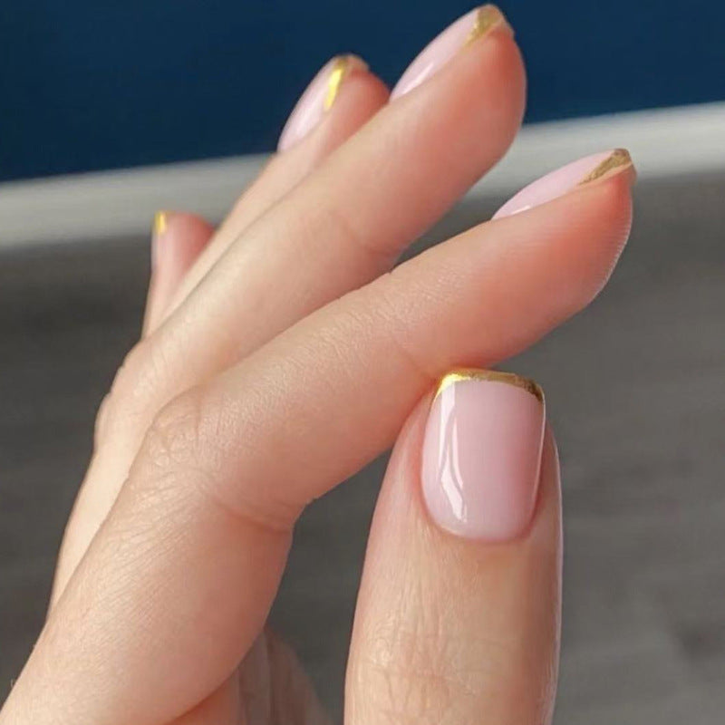 Elegant Garden Press On Nail Set Short Square Soft Pink with Shimmering Gold Tip Finish