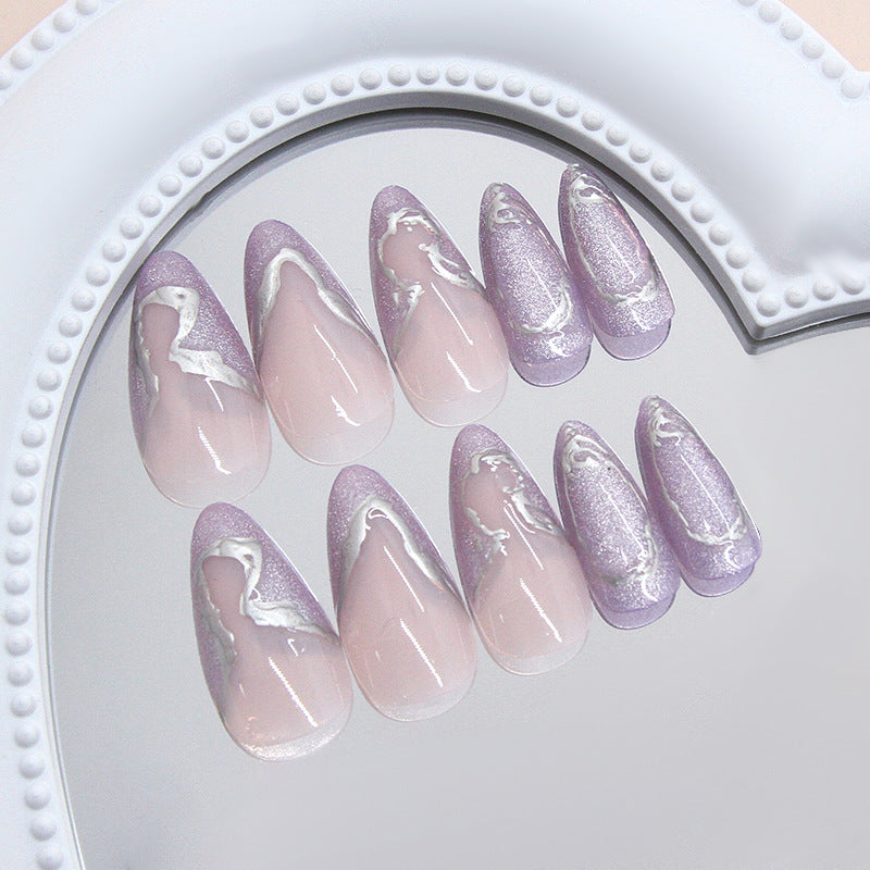 Dreamy Elegance Long Almond Lavender and Pink Nails with Shimmering Marble Accent