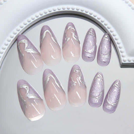 Elegant Serenity Long Almond Pink and Purple Marble Design Press On Nail Set