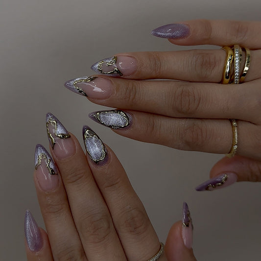 Elegant Dreamscape Medium Stiletto Purple Glitter Press On Nail Set with Luxurious Gold Accents