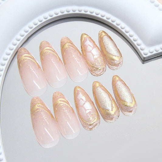 Gilded Dreams Medium Almond Pink with Sparkling Gold Accents Press On Nail Set