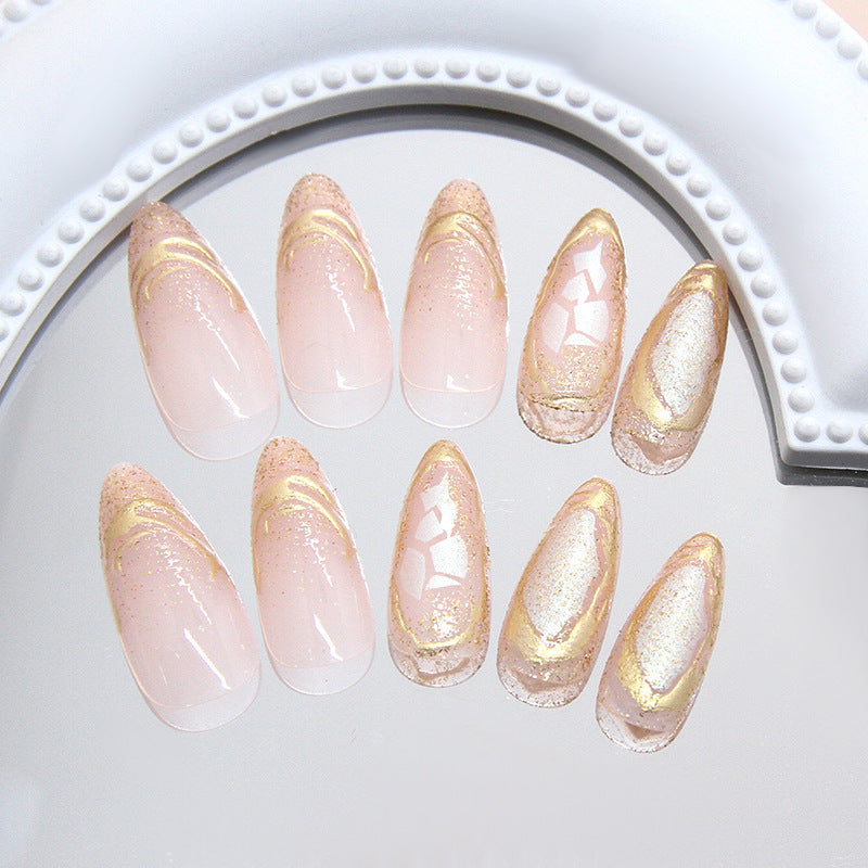 Elegant Dreamy Long Almond Shaped Pink Press On Nail Set with Glittering Gold Accent