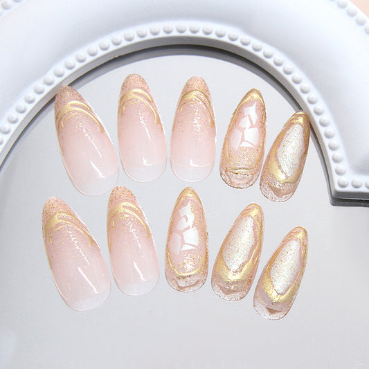Elegant Dreamy Long Almond Shaped Pink Press On Nail Set with Glittering Gold Accent