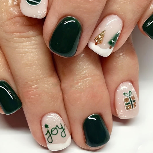 Festive Charm Short Square Dark Green with Holiday Themed Art Press On Nail Set