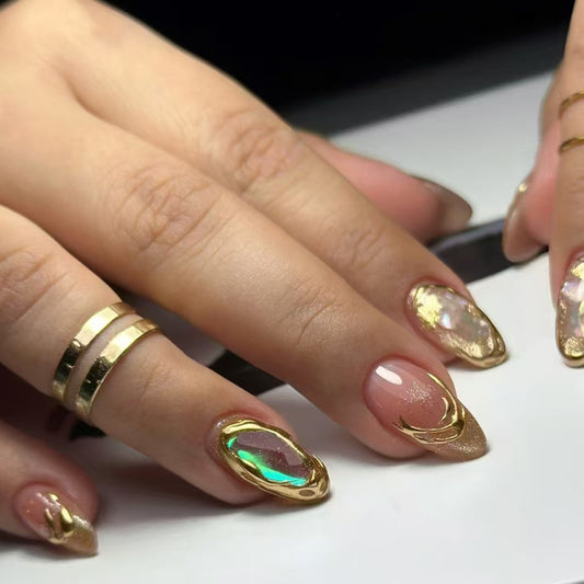 Glamorous Elegance Short Almond Shaped Gold Press On Nail Set with Iridescent Accent Features