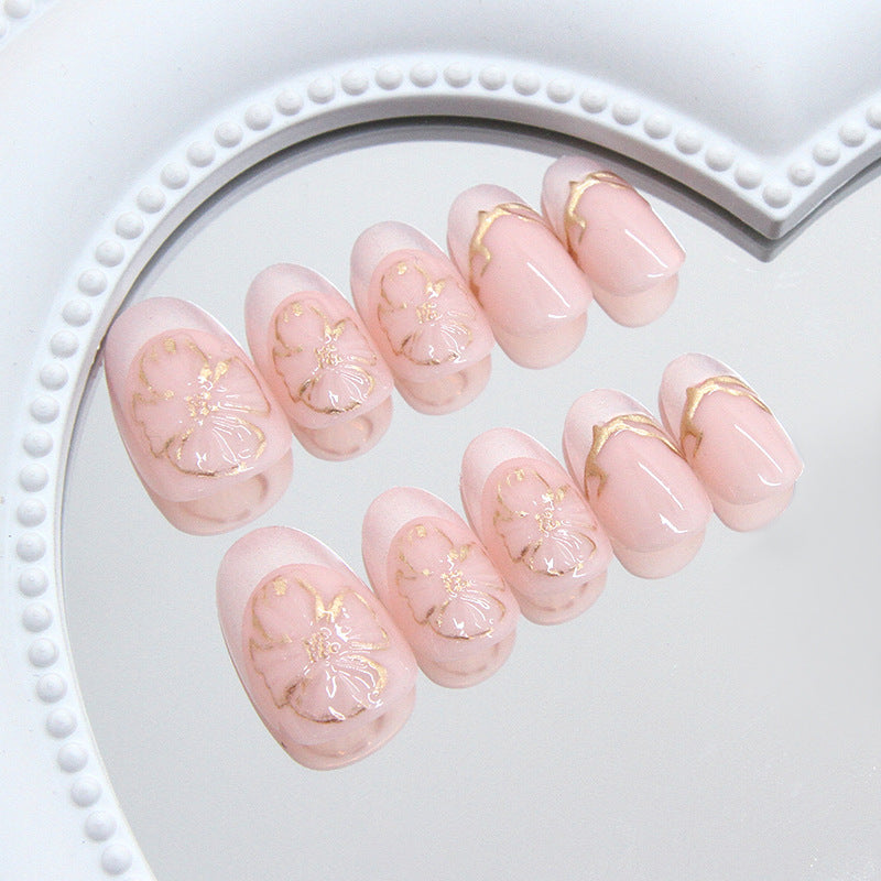 Whimsical Garden Blush Pink Short Oval Press On Nail Set with Elegant Floral Gold Detailing