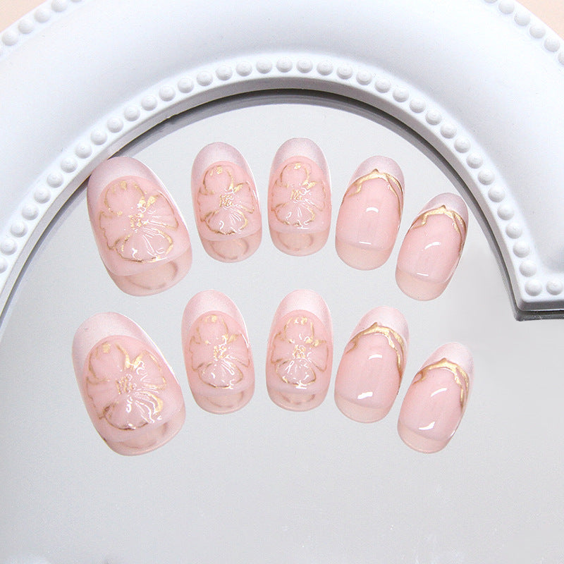 Charming Blossom Inspired Press On Nail Set Short Oval Beige Pink with Elegant Gold Floral Design