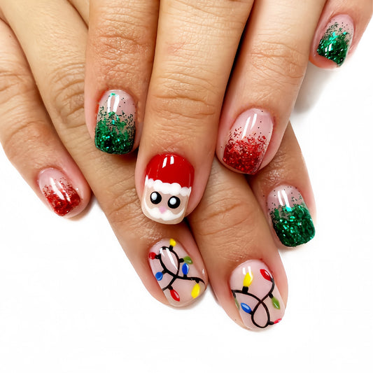 Festive Cheer Medium Square Glittery Green and Red Nail Set with Playful Santa Design