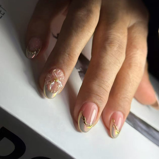 Elegant Garden inspired Short Almond Pink and Gold Floral Accent Press On Nail Set