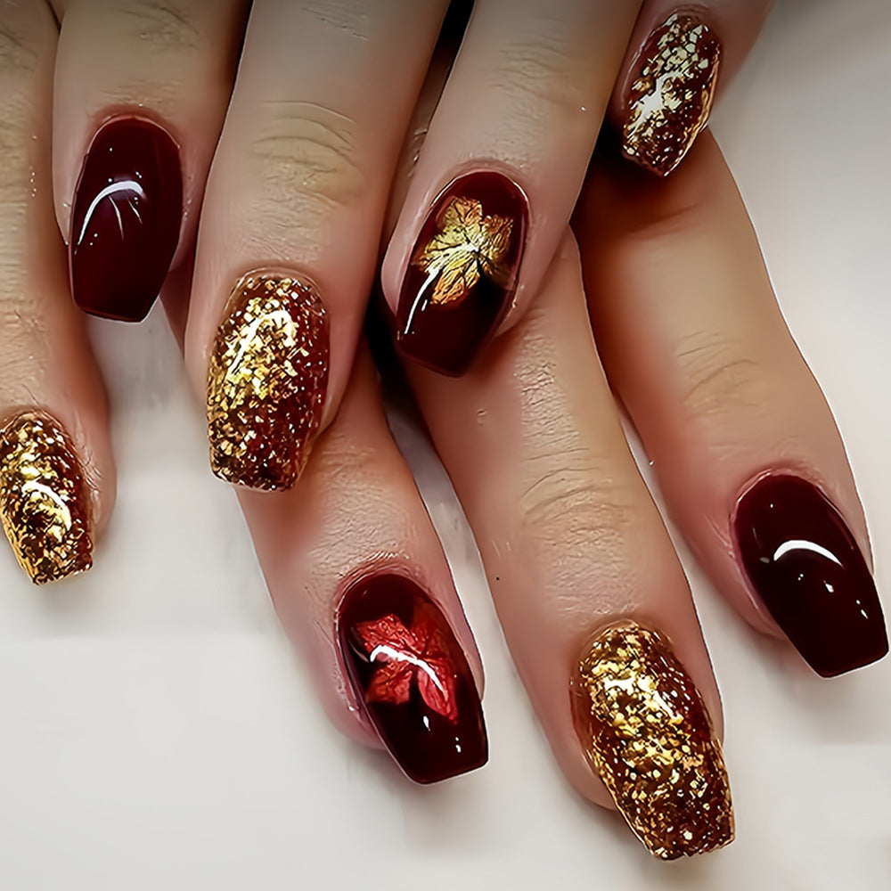 Autumn Enchantment Medium Square Deep Red and Gold Glitter Press On Nail Set with Elegant Leaf Design