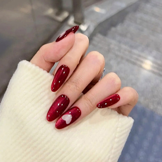 Glamorous Romance Extra Long Almond Shaped Deep Red Press On Nail Set with Heart Design