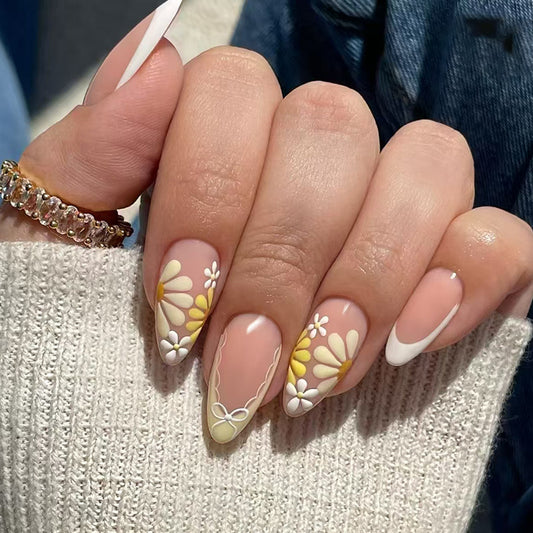 Whimsical Garden Short Almond Beige Floral Press On Nail Set with Elegant Lace Details