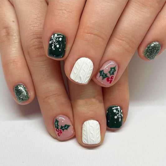 Festive Winter Wonderland Elegant Short Square Green and White with Intricate Holly Design Press-On Nail Set