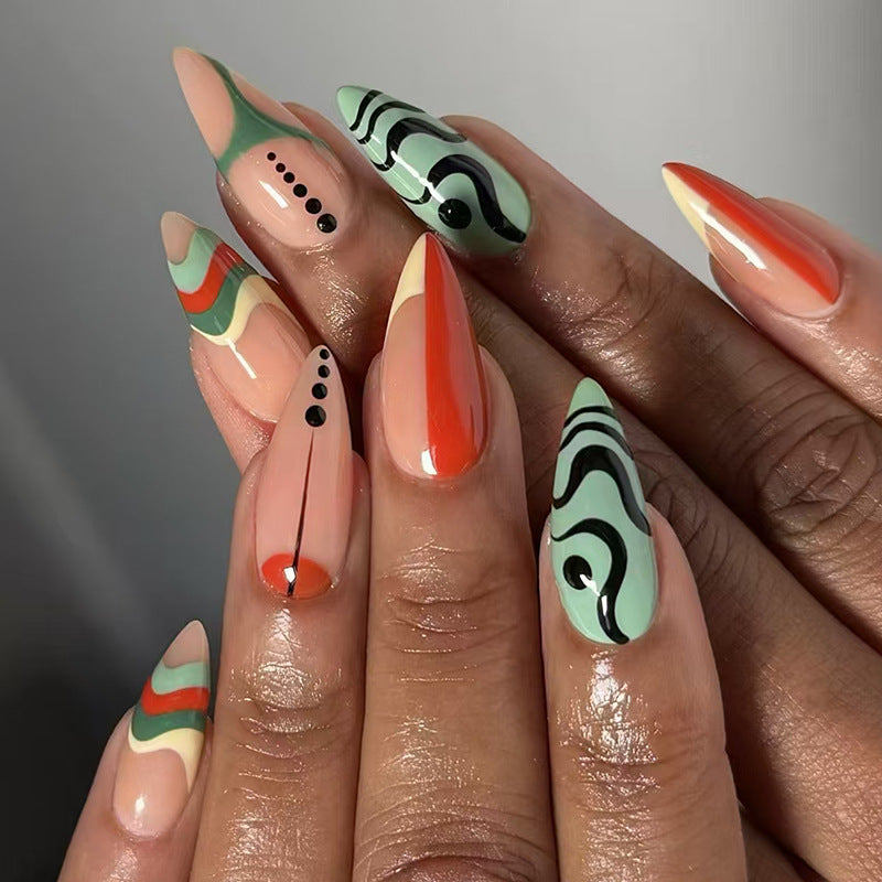 Bohemian Glamour Medium Almond Coral Green Abstract Press-On Nail Set