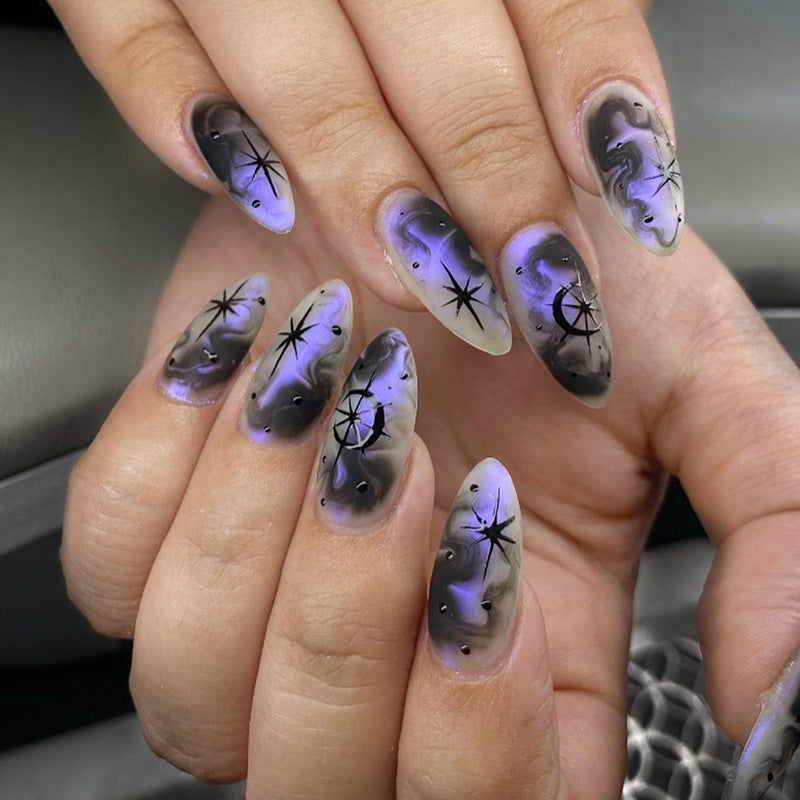 Celestial Vibes Medium Almond Purple and Black Ombre with Shimmering Star Accents Press-On Nail Set