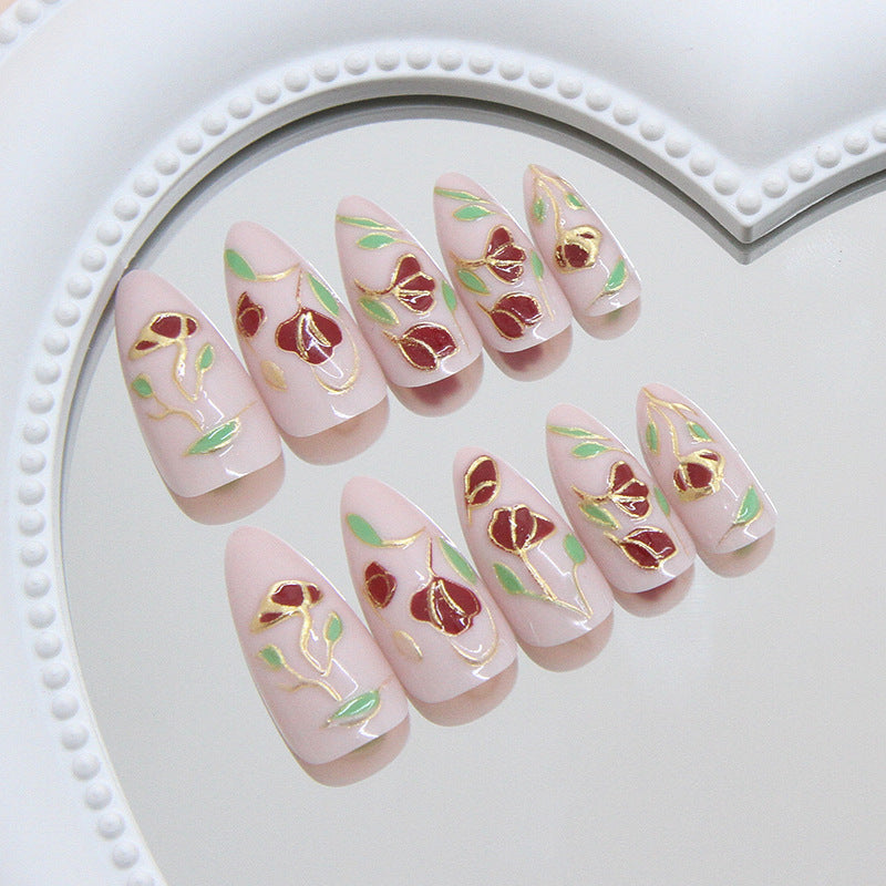 Elegant Floral Dream Medium Almond Shaped Blush Pink Nail Set with Golden Botanical Accents