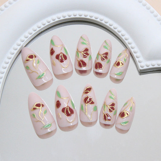 Floral Elegance Medium Almond Pink Press On Nail Set with Intricate Gold Leaf and Blossom Design