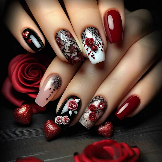 Romantic Rose Dreams Medium Square Burgundy with Intricate Floral Design Press On Nail Set