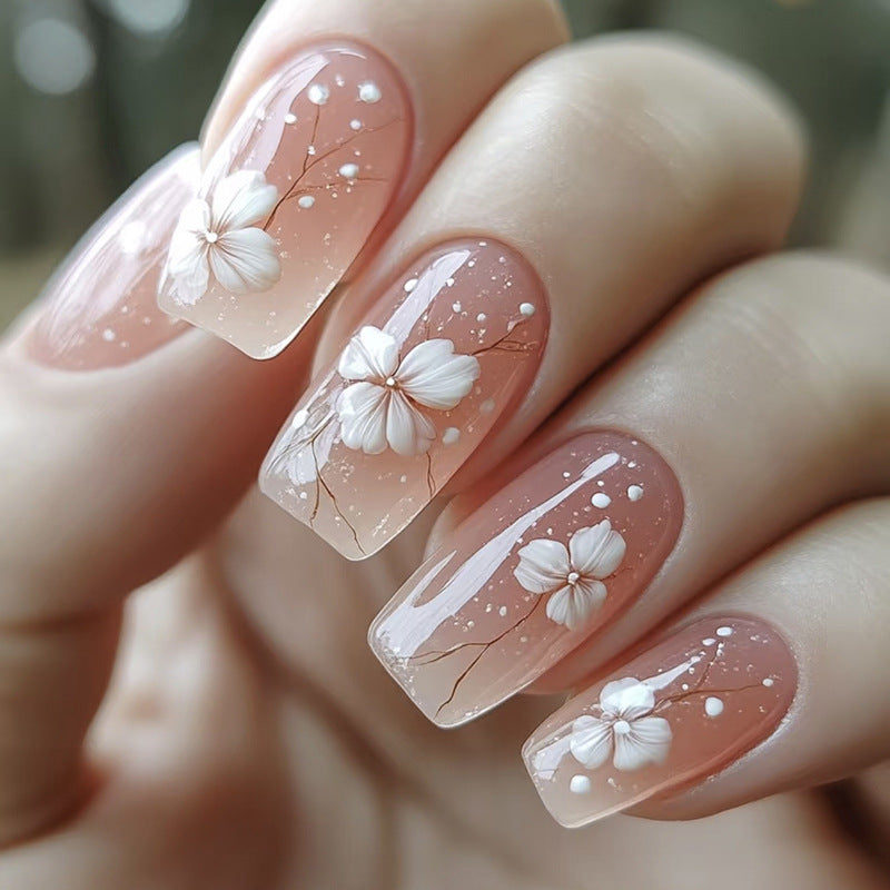 Blossoming Elegance Medium Square Pink Ombre Press On Nail Set with Floral Accents
