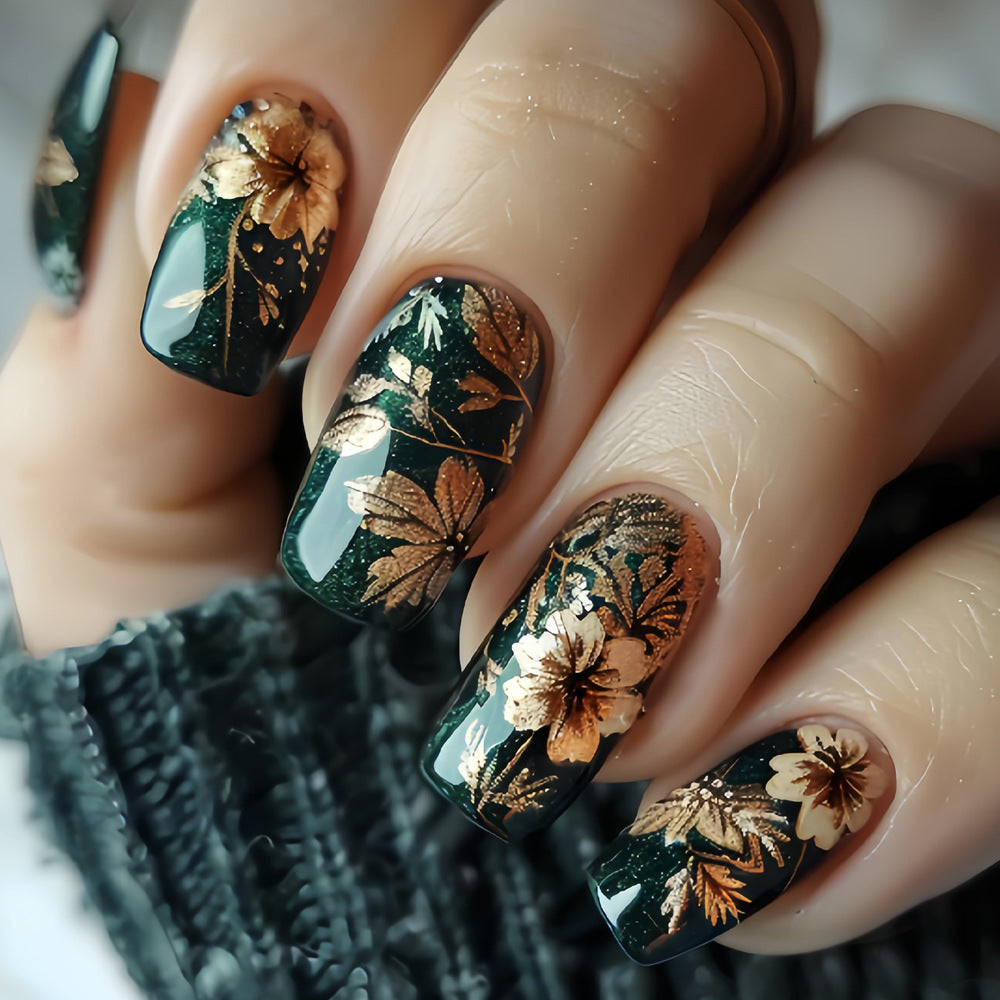 Botanical Elegance Medium Square Dark Green Press On Nail Set with Gold Floral Accents and Sparkling Finish