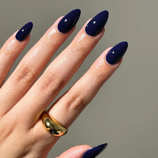 Mystical Midnight Elegance Medium Almond Blue Glossy Press on Nail Set with High Shine Finish