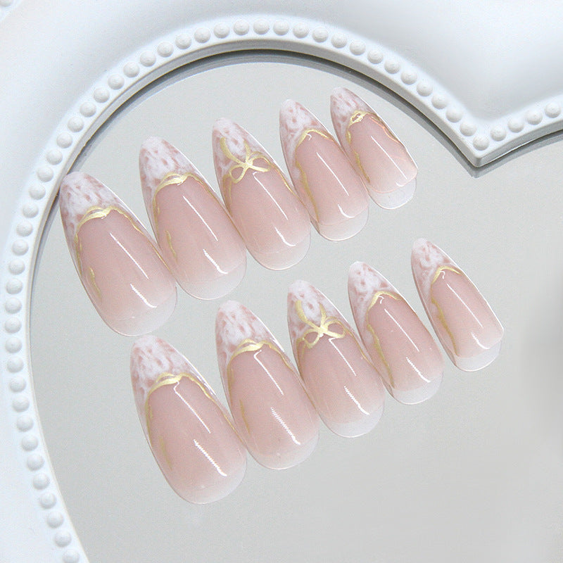 Elegant Blossom Petal Medium Almond Blush Pink with Golden Accent Press On Nail Set