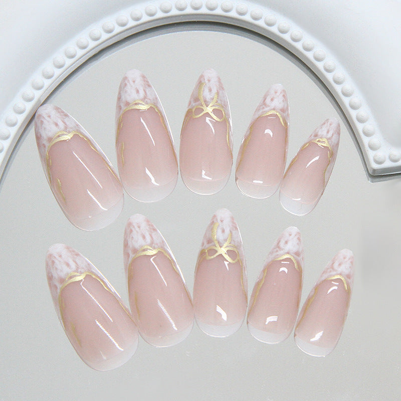 Elegant Garden Inspired Medium Almond Shaped Blush Pink Nail Set with Delicate Gold Detailing