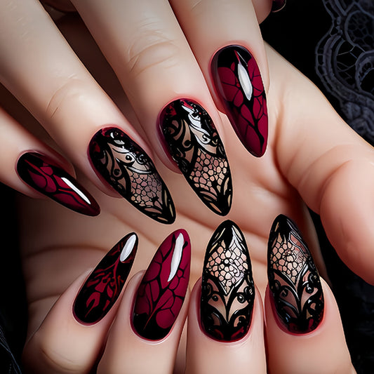 Mystical Elegance Long Almond Red and Black Press-On Nail Set with Intricate Lace Design