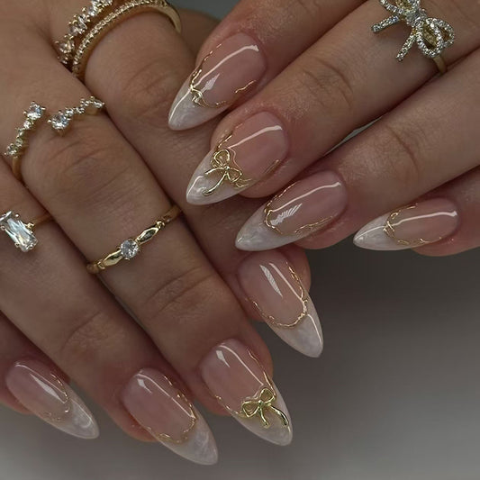 Elegant Dreamy Medium Almond Press On Nails in Translucent White with Gold Accent Decoration