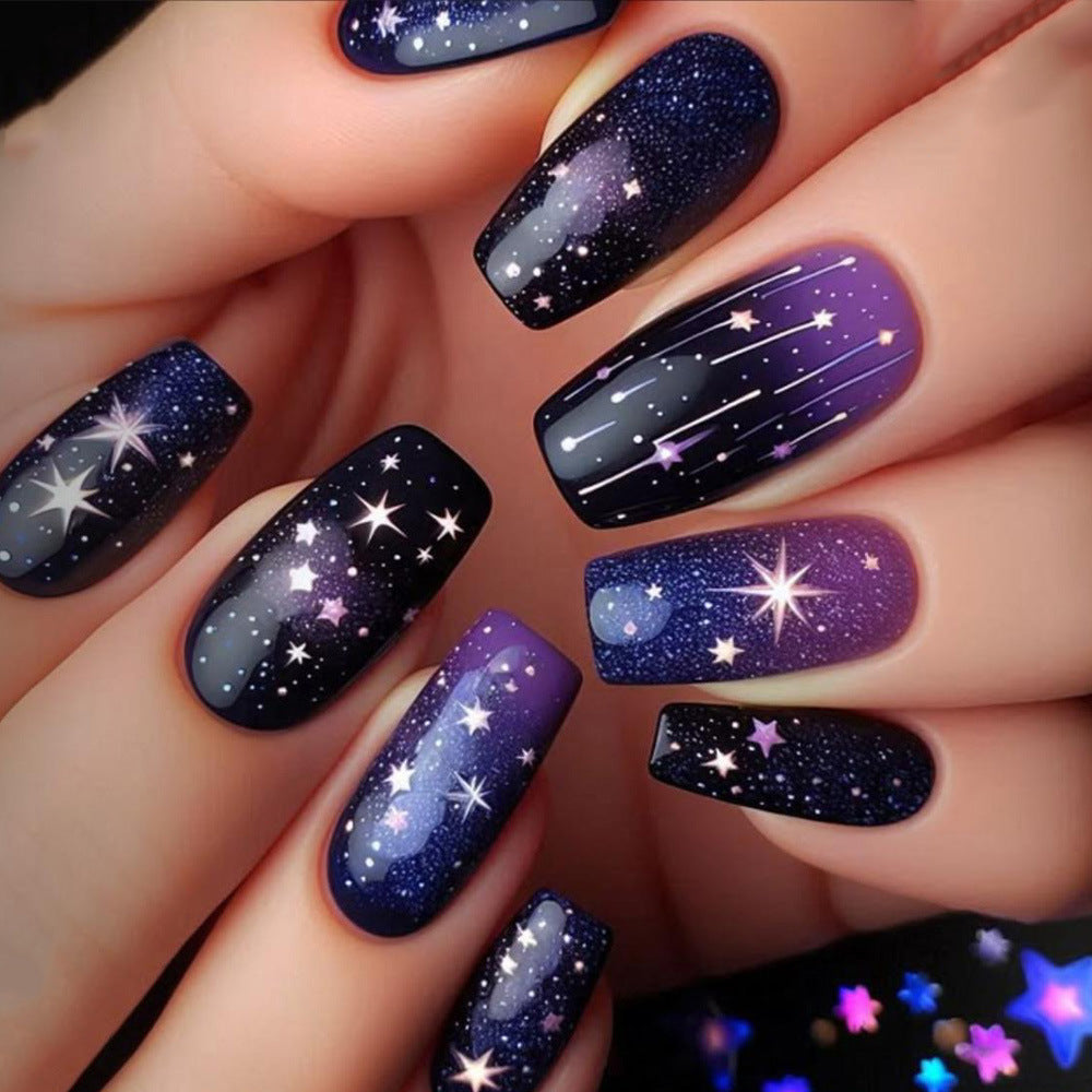 Celestial Dream Long Square Deep Purple with Sparkling Starry Design Press-On Nail Set