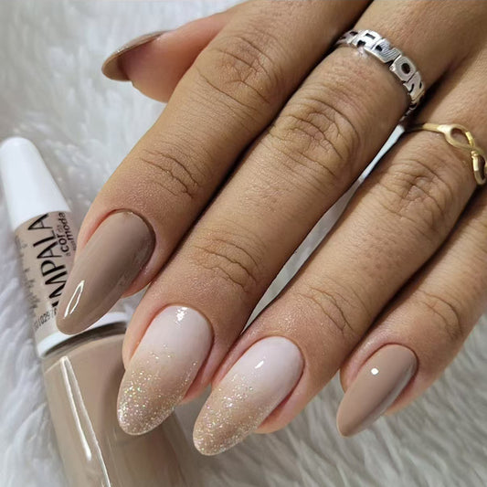 Elegant Desert Dream Medium Almond Beige and Glitter Ombre Press On Nail Set