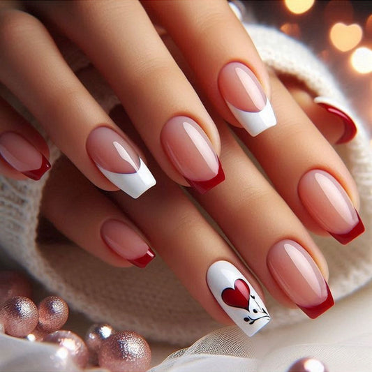 Romantic Elegance Long Square Red and White Nails with Heart Detail