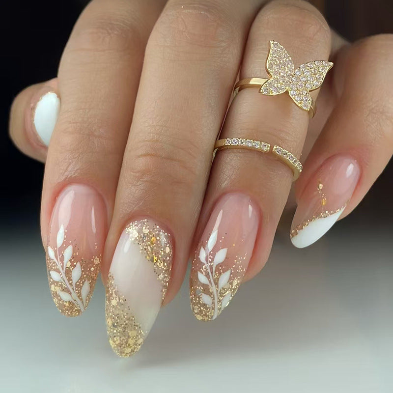 Enchanted Elegance Long Oval Glittering Gold and White Floral Press On Nail Set