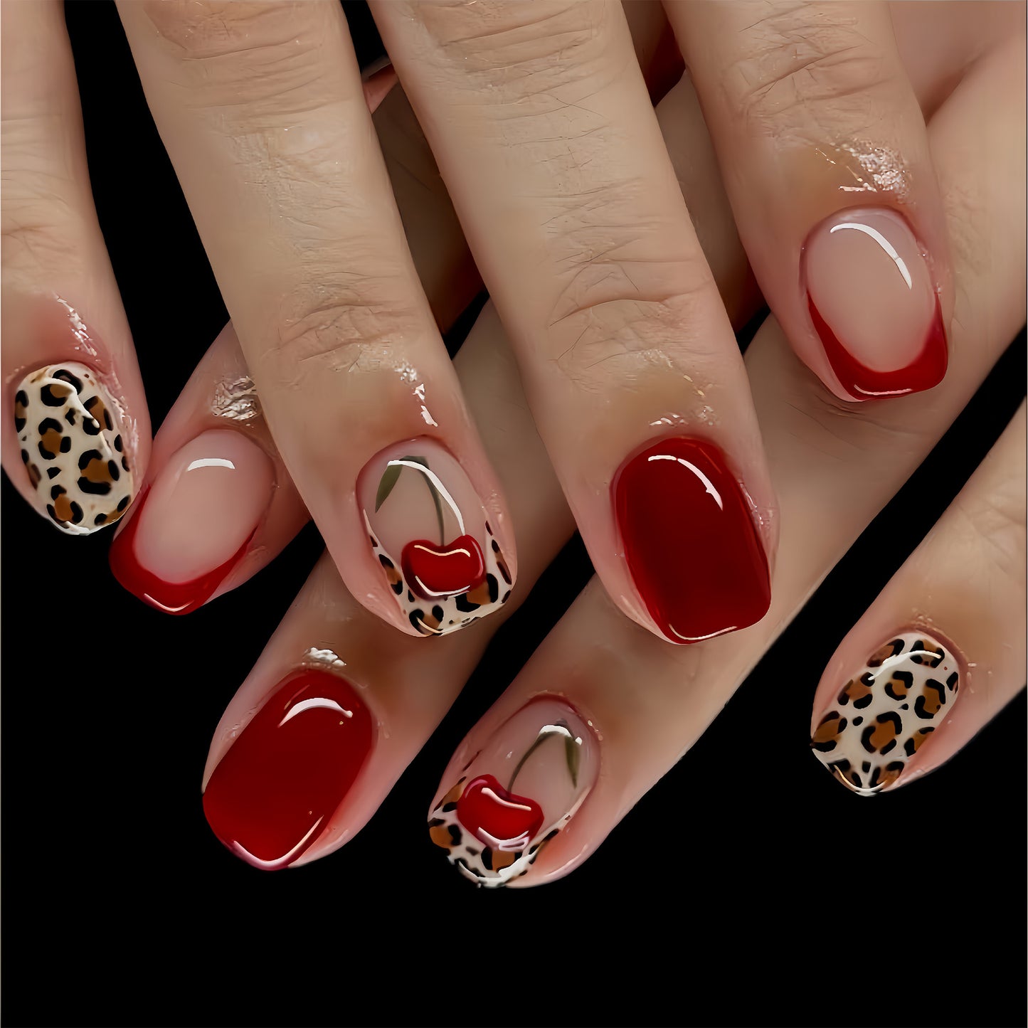 Cherry Blossom Charm Elegant Short Square Burgundy Press On Nail Set with Chic Leopard Accents