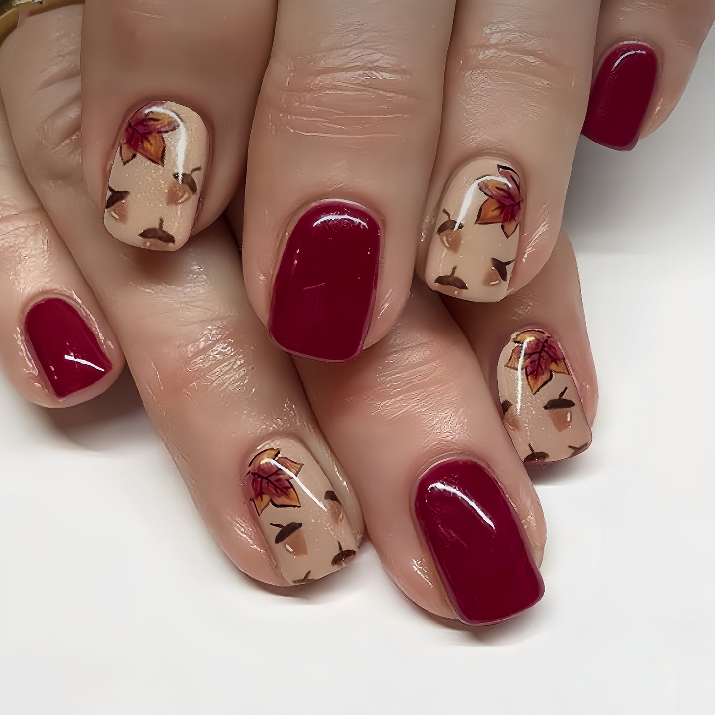 Autumn Elegance Short Square Burgundy and Tan Press on Nail Set with Charming Leaf Design