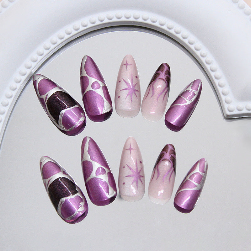 Mystical Glamour Medium Almond Shaped Purple Gradient Nails with Unique Marble Design