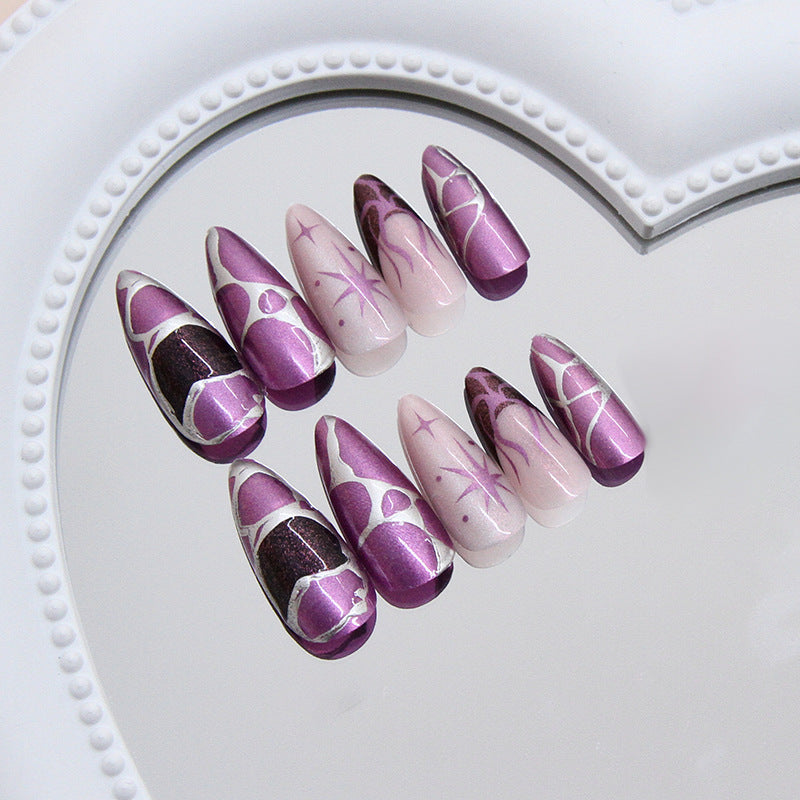 Enchanting Elegance Medium Almond Shape Deep Purple and Soft Pink with Artistic Marble Designs Press On Nail Set