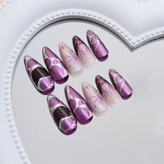 Enchanting Elegance Medium Almond Shape Deep Purple and Soft Pink with Artistic Marble Designs Press On Nail Set