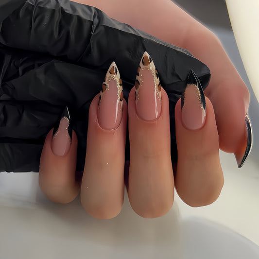 Glamorous Safari Inspired Long Stiletto Beige and Black Press On Nail Set with Leopard Print Accent